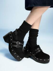 Sugerpunk 女式复古扣高跟凉鞋，时尚休闲粗跟穆勒鞋 - 黑色 - 查看 7