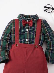 SHEIN 男婴都市学院风可爱绿色格子长袖翻领衬衫和松紧腰连体裤绅士装套装 - 彩色 - 查看 4