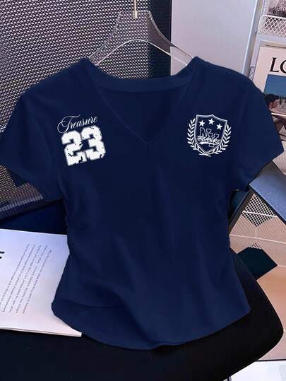 SHEIN EZwear 女式 V 领褶饰字母图案海军蓝短袖修身 T 恤，适合秋夏季