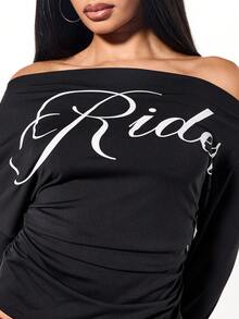 SUMWON WOMEN Off Shoulder Long Sleeve Top With Script Text For Casual Winter Wear - Black - View 6