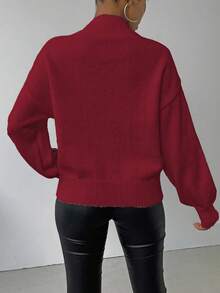 SHEIN LUNE 女式纹理落肩长袖休闲宽松针织毛衣，秋冬 - 酒紅色 - 查看 2