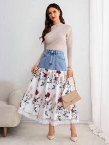 Selianne 女士中长款牛仔撞色网眼甜美高腰 A 字裙 - 中等水洗藍 - 查看 6