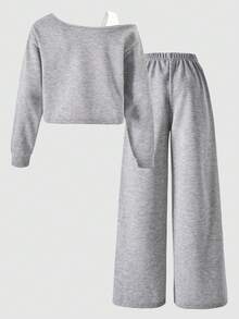 2 件套 Tween Girls ME 宽松设计不对称肩部拼色印花长袖上衣和阔腿裤套装，适合日常休闲、通勤、度假、聚会、街头风格、秋冬 - 灰色 - 查看 2