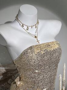 Elamini 女式时尚迷人亮片蝴蝶结装饰露肩迷你连衣裙 - 金色 - 查看 3