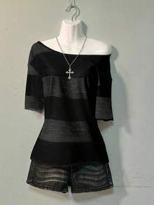 Attitoon Striped Casual Loose Plus Size One-Shoulder Drop Shoulder Short Sleeve T-Shirt, Comfortable & Relaxed College Style For Plus Size Women - Multicolor - View 8