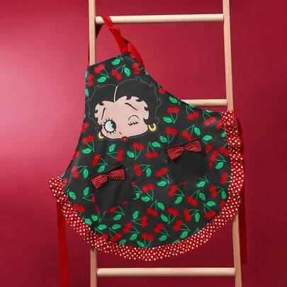 Betty Boop x SHEIN 1pc Cherry Print Apron, Cute Bow Pocket Design, Comfortable And Soft, A Must-Have For Kitchen Baking,Gift Ideas,Party,Holiday,Valentine's Day