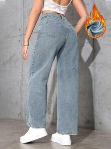 Jeanoix 女式高腰口袋阔腿宽松休闲百搭牛仔裤 - 淺色水洗藍 - 查看 2