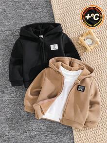 SHEIN 2件装男婴可爱简约字母拼接拉链连帽外套，百搭实用，男女宝宝冬季服装 - 棕色 - 查看 1