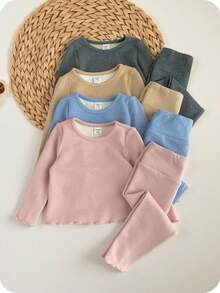 SHEIN 8 Stücke/Set Baby Mädchen Süß Lässig einfarbig Gestricktes Langarm Top und Hose Set, Herbst/Winter