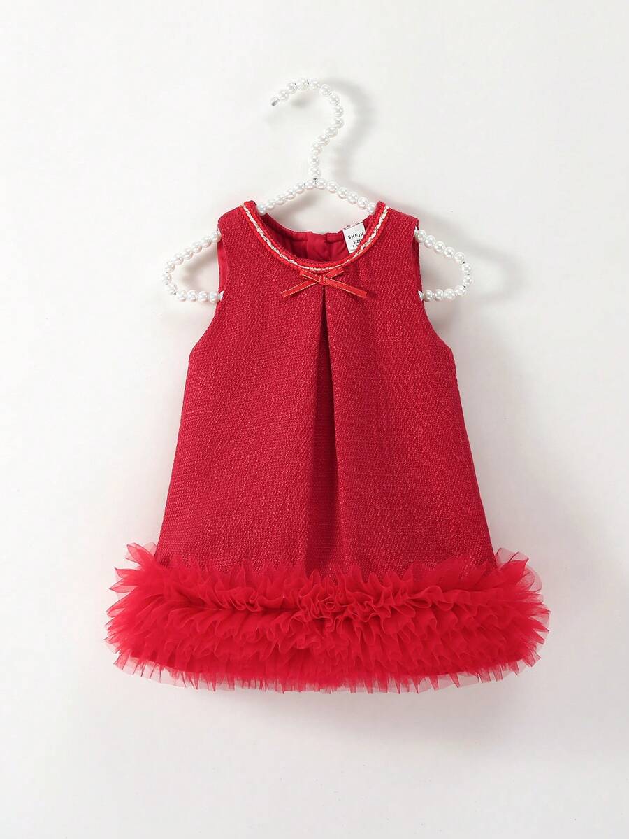 SHEIN Glamorique Kids 女婴优雅蝴蝶结 3D 花卉装饰无袖连衣裙,适合婚礼、派对、生日、度假、拍照、夏季 - 紅色 - 查看 1