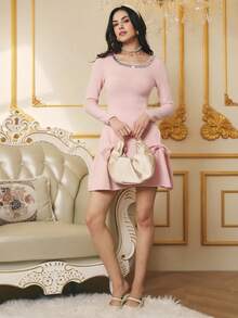 Omancia Vestido de malha com lantejoulas elegantes, gola quadrada, laço, presente de Natal, Ano Novo e Ação de Graças, vestido de festa