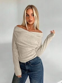 Aloruh Women's Simple Solid Color Pleated Fitted Long Sleeve T-Shirt For Daily Wear, Autumn & Winter