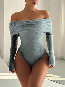 FavEase Autumn/Winter Thick Off Shoulder Turtleneck Long Sleeve Bodysuit - Blue - View 5