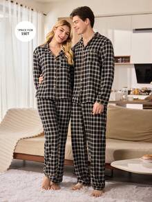 CoupledUp 格子印花泡泡褶男士长袖衬衫和裤子睡衣套装 情侣睡衣套装 男士睡衣套装 秋冬情侣睡衣套装 方格纹睡衣套装，圣诞节 - 黑色 - 查看 6