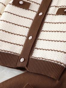 SHEIN Playful Pals 2pcs Baby Girl Casual Cute Long Sleeve Striped Faux Pocket Knit Cardigan And Knit Pants Set, Suitable For Daily Outings And Travel