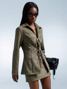 GENKIRA Bộ đồ 2 món thường ngày phong cách Pháp cổ điển, chân váy mini da lộn có dây rút - xanh quân đội - Xem 6