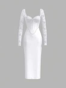 SHEIN PETITE Spring And Summer Vacation Date Travel Dress Valentine's Day Dress Small Floral Dress Picnic Dress Elegant Dress Autumn And Winter Elegant Style Lace Splicing Banquet Light Dress Corset Midi Dress Elegant White Dress White Lace Corset Dress White Midi Dress White Satin Dress