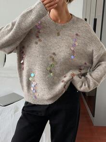DAZY Sequin Embellished Oversized Sweater For Women, High-End Loose Casual Knit Pullover, Autumn/Winter - Khaki - View 1