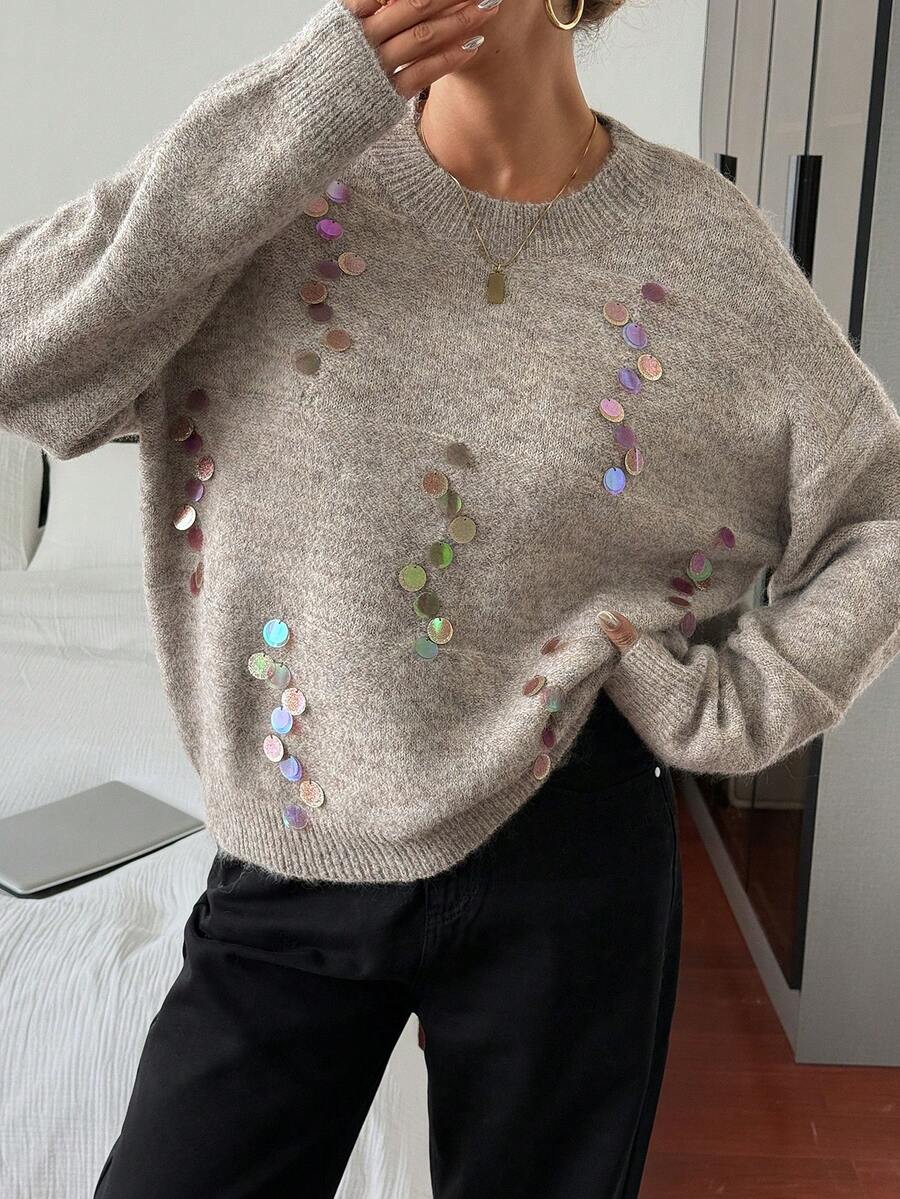 DAZY Sequin Embellished Oversized Sweater For Women, High-End Loose Casual Knit Pullover, Autumn/Winter - Khaki - View 1