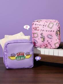 FRIENDS X SHEIN 1/1套卡通图案印花涤纶纤维收纳袋，可用作女性卫生收纳袋、数码收纳袋、小物件收纳袋、友情、咖啡 - 彩色 - 查看 2