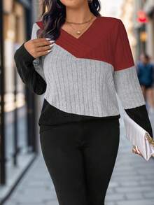 SHEIN Plus Size Color Blocking T-Shirt For Spring And Autumn Graphic Tees Women Tops - Multicolor - View 3