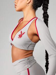 Missguided x Playboy Top corto de manga larga con cuello en V profundo y ribete de contraste, ropa de estar en casa deportiva - Gris - Ver 4