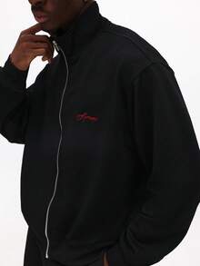 SUMWON 漏斗领纹理拉链夹克，带刺绣徽标细节，适合冬季休闲穿着 - 黑色 - 查看 3