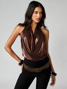 MISSGUIDED Metallic Cowl Neck Halter Top Backless Evening Party Blouse - Coffee Brown - View 1