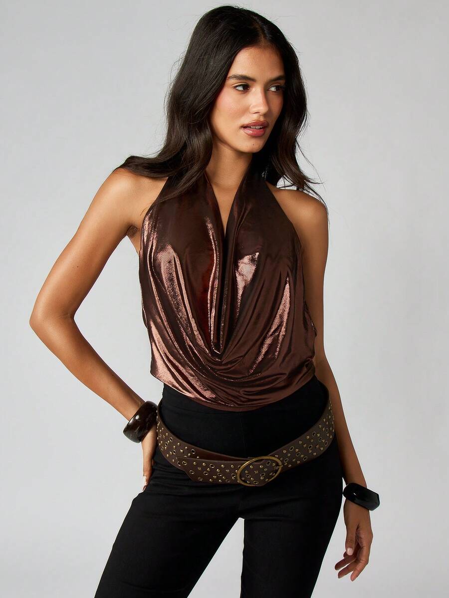 MISSGUIDED Metallic Cowl Neck Halter Top Backless Evening Party Blouse - Coffee Brown - View 1