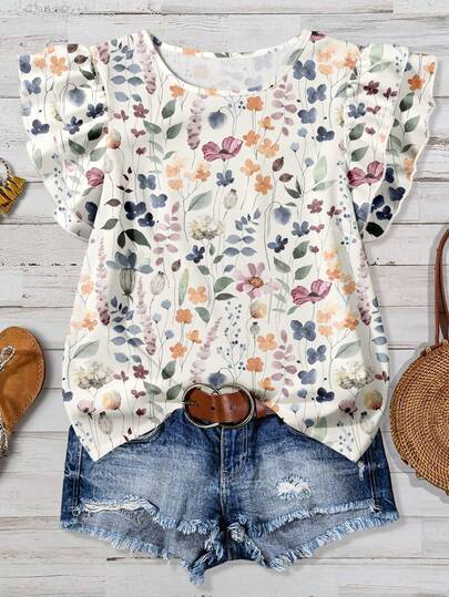 Mellowie Vintage Specimen 花卉印花休闲简约复古圆领衬衫，秋冬女士，浪漫优雅，秋装。乡村，复古，度假，休闲出游，