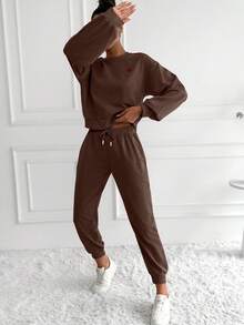 EURMUSE 2pcs Women Casual Heart Pattern Dropped Shoulder Loose Sweatshirt And Drawstring Pants Set, Autumn - Brown - View 4