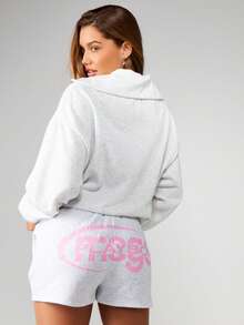 Missguided x Playboy 麻灰色抽绳慢跑短裤，兔子标志印花，适合夏季休闲家居服 - 淺灰色 - 查看 1