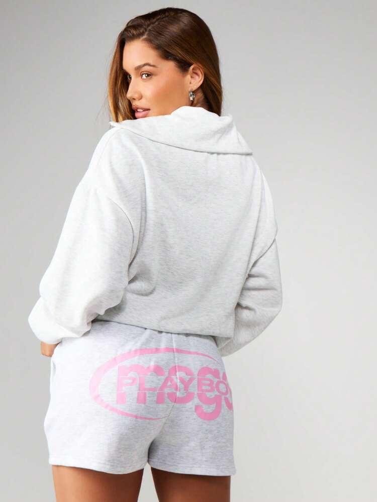 Missguided x Playboy Heather Grey Drawstring Jogger Shorts With Bunny Logo Print For Casual Summer Loungewear