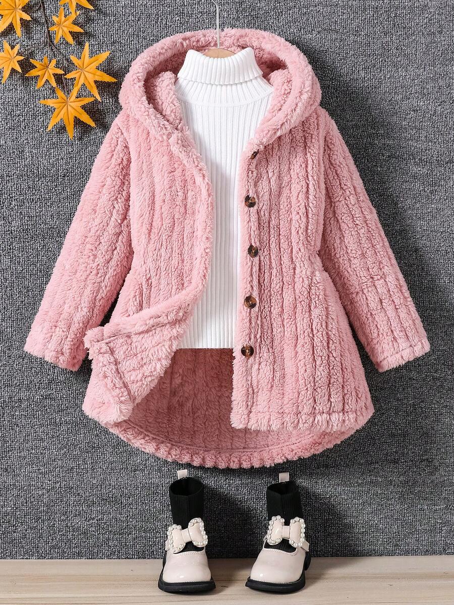 Elladie kids 1 件女童经典街头风连帽长袖毛绒夹克 - 粉色 - 查看 1