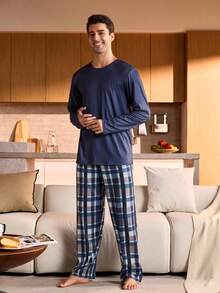 Manfinity Underwear&Sleepwear Basics Plus Size Men Blue Plaid Long Sleeve Top And Pants Loungewear Set, Christmas - Blue - View 3