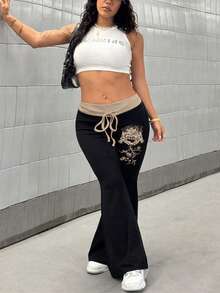 Maweii 大码女式街头风格撞色抽绳腰部前印花修身喇叭裤 - 黑色 - 查看 5