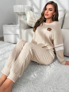 SHEIN 女士舒适罗纹长袖上衣和裤子睡衣套装，休闲家居服可爱泰迪熊睡衣套装长袖家居服套装配套家居服套装秋冬家居服 - 卡其色 - 查看 4