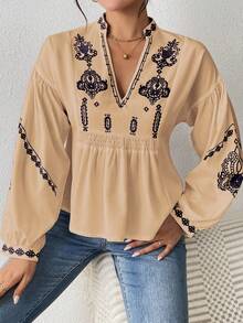 SHEIN LUNE Women's Shirred Graphic Print Long Sleeve Button Shirt Peplum Top - Apricot - View 3