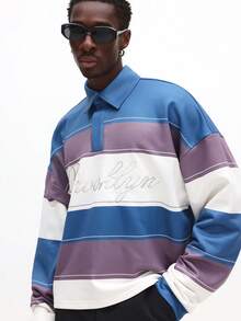 SUMWON Men's Regular Fit Horizontal Striped Rugby Polo With Embroidered Brooklyn Script Casual - Multicolor - View 3