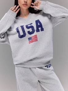 Sparklyn 少女休闲街头风格 V 领纽约字母印花套头衫套装 - 灰色 - 查看 5