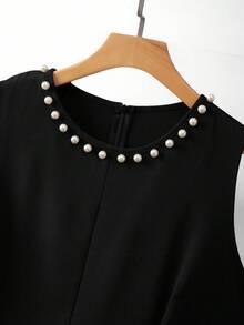 GlowEve CURVE 大码女式两件套：优雅黑色撞色珍珠串珠饰边 V 领长袖开衫夹克和圆领珍珠缀饰长裙，适合秋冬休闲、工作、派对 - 黑色 - 查看 3