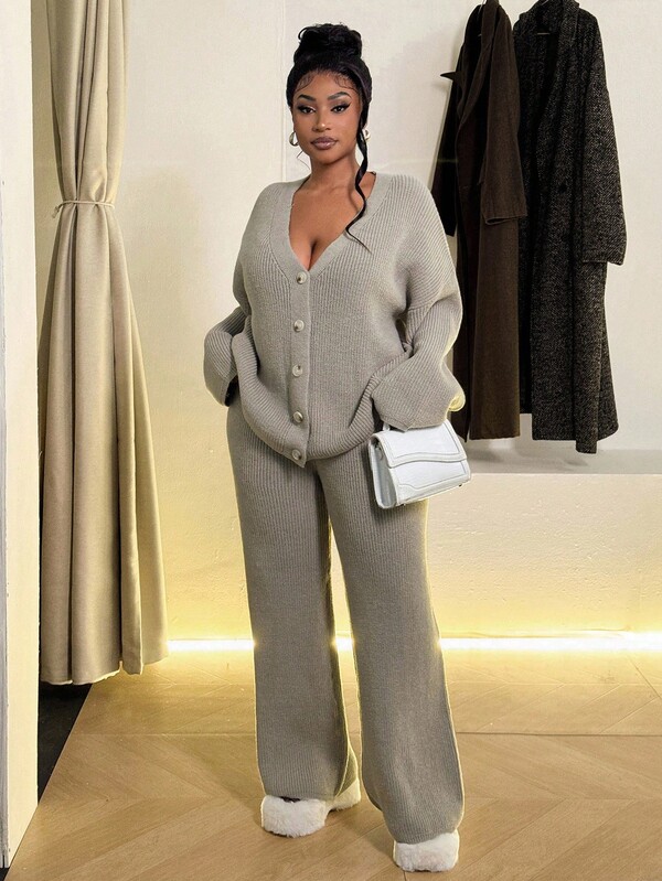 Maweii Plus Size Women's Sweater Suit, Solid Color, Light Gray, Deep V-Neck Button Long-Sleeved Top + Long Pants