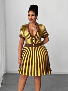 Maweii Plus Size Women's Sweater Dress,1950s Vintage Yellow Striped Cinched Waist A-Line Mini Dress, Knitted Everyday Autumn Dress,Punk Gothic Knitwear - Multicolor - View 4