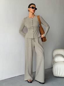 SHEIN Tall 2pcs Women Casual Striped Front Button Long Sleeve Top And Wide Leg Pants Set, Autumn - Multicolor - View 7