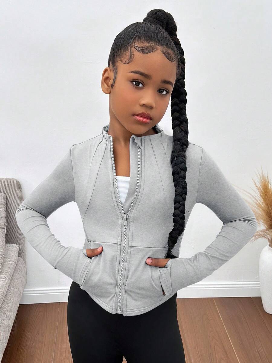 SHEIN Áo khoác nhẹ có khóa kéo cho bé gái tuổi teen, Áo khoác thể thao thoáng khí dùng để chạy bộ, tập gym, yoga, quần áo cho mọi mùa thu đông - Màu Xám nhạt - Xem 1