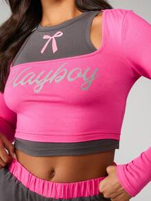 Missguided x Playboy Conjunto de ropa de estar en casa de doble capa, top corto de manga larga a juego con pantalones cortos para dormir, ropa de otoño