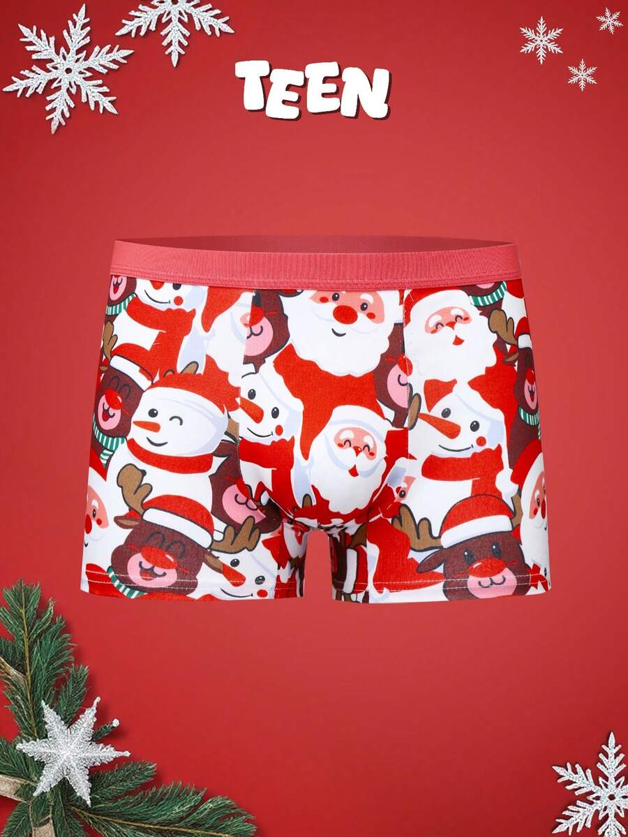 Teen Boy Cute Santa Claus Print Underwear, Soft Fabric Skin-Friendly, Holiday Gift, For Christmas