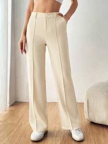 SHEIN EZwear Women's Casual Straight-Leg Apricot Suit Pants, Autumn/Winter,Fall,Fall Clothes For Women - Apricot - View 3