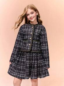 Tween Girl Plaid Contrast Mesh Frill Trim Jacket And Mini Skirt Fashion Set