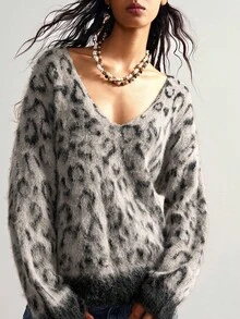 Bohemela 波西米亚风秋冬外套，女士复古红色豹纹不对称肩部宽松针织套头衫V领毛绒毛衣，西部乡村风格音乐会度假装，适合度假、日常穿着、返校季、圣诞节、新年等场合。 - 杏色 - 查看 9